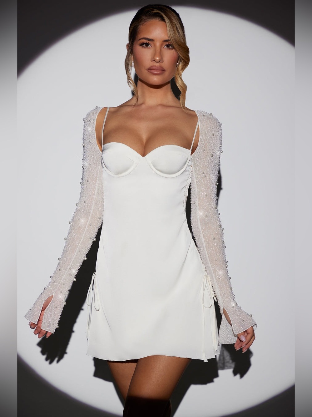 Oh Polly Geneva Long Sleeve Embellished A-line Mini Dress in White Size 6